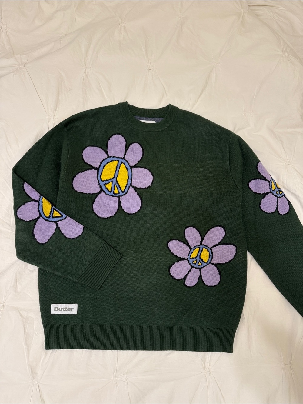 Butter Goods Forest Green Crewneck with Purple Floral Peace Motifs